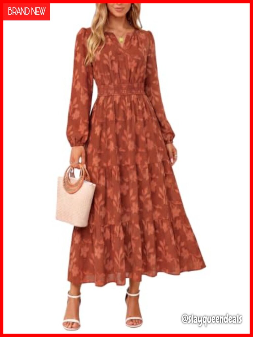 Womens Long Sleeve Maxi Dress with Pockets Smocked Waist Wedding Guest